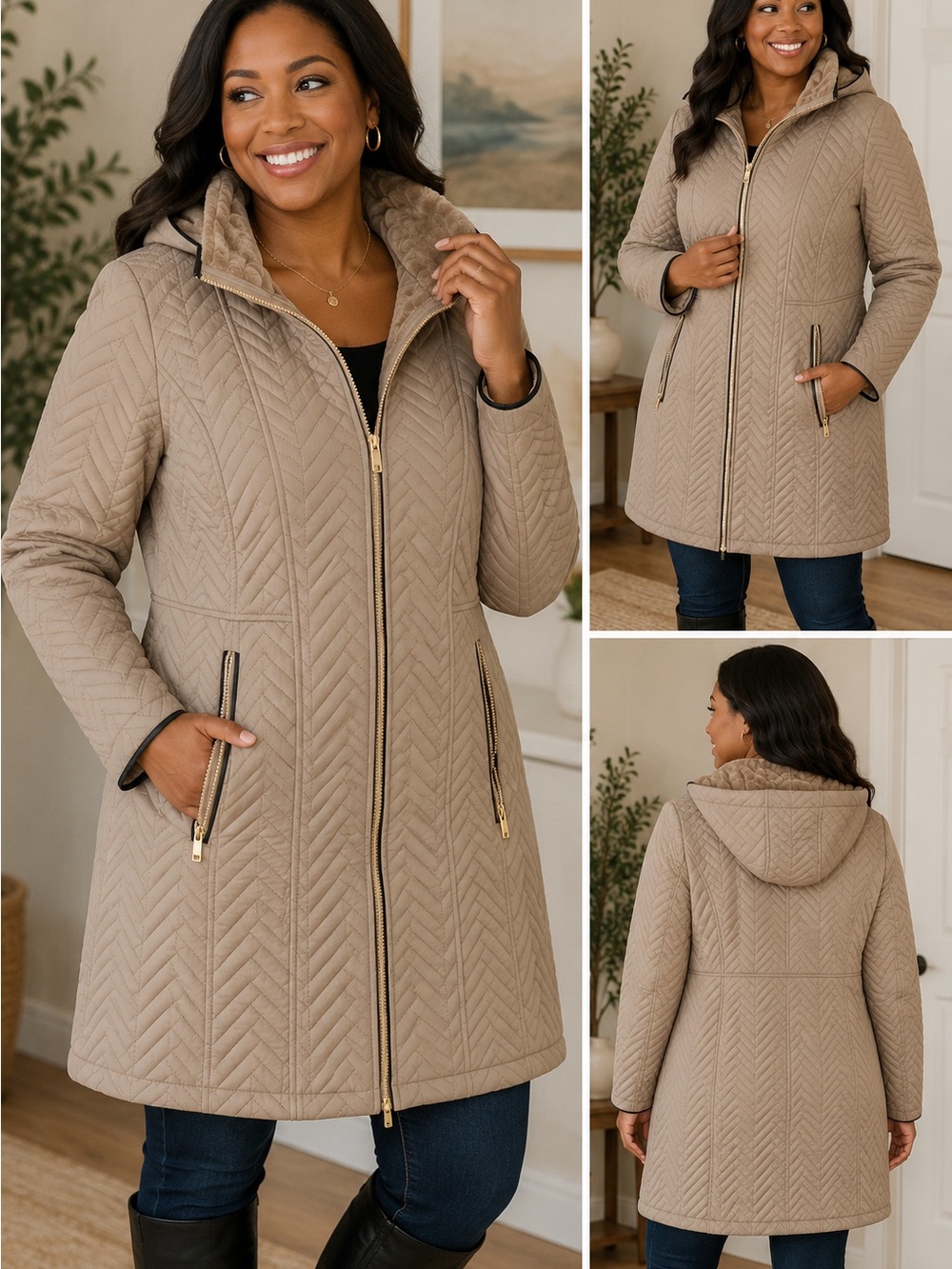 Preston & York Quilted Hooded Puffer Jacket in Taupe Beige